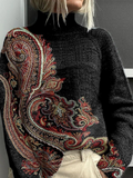 Women's Ethnic Pattern Print Casual Turtleneck Long-Sleeved Sweater