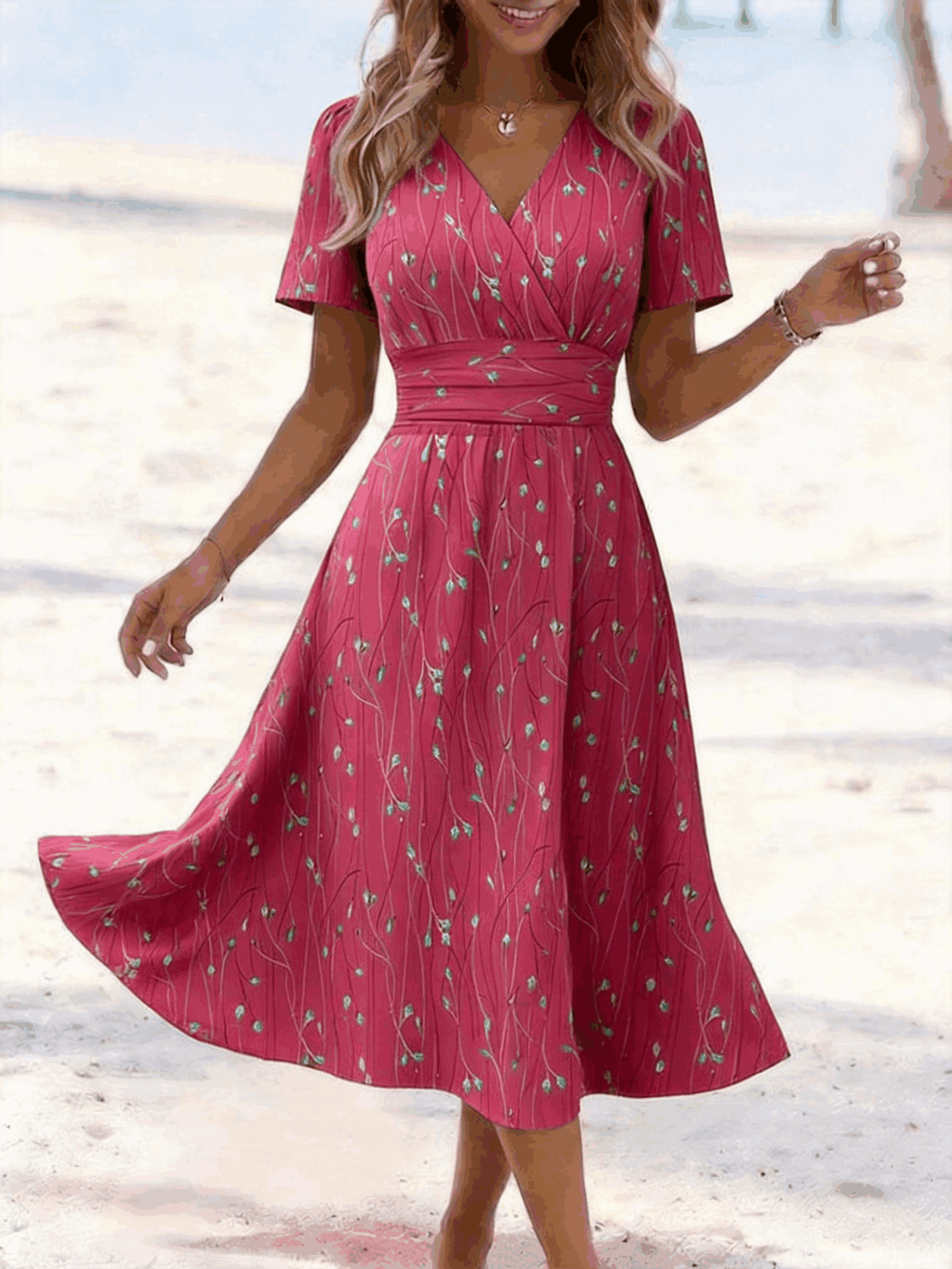 Women Leaf Summer Dress V Neck Short Sleeve Beach Dress A-Line Dress