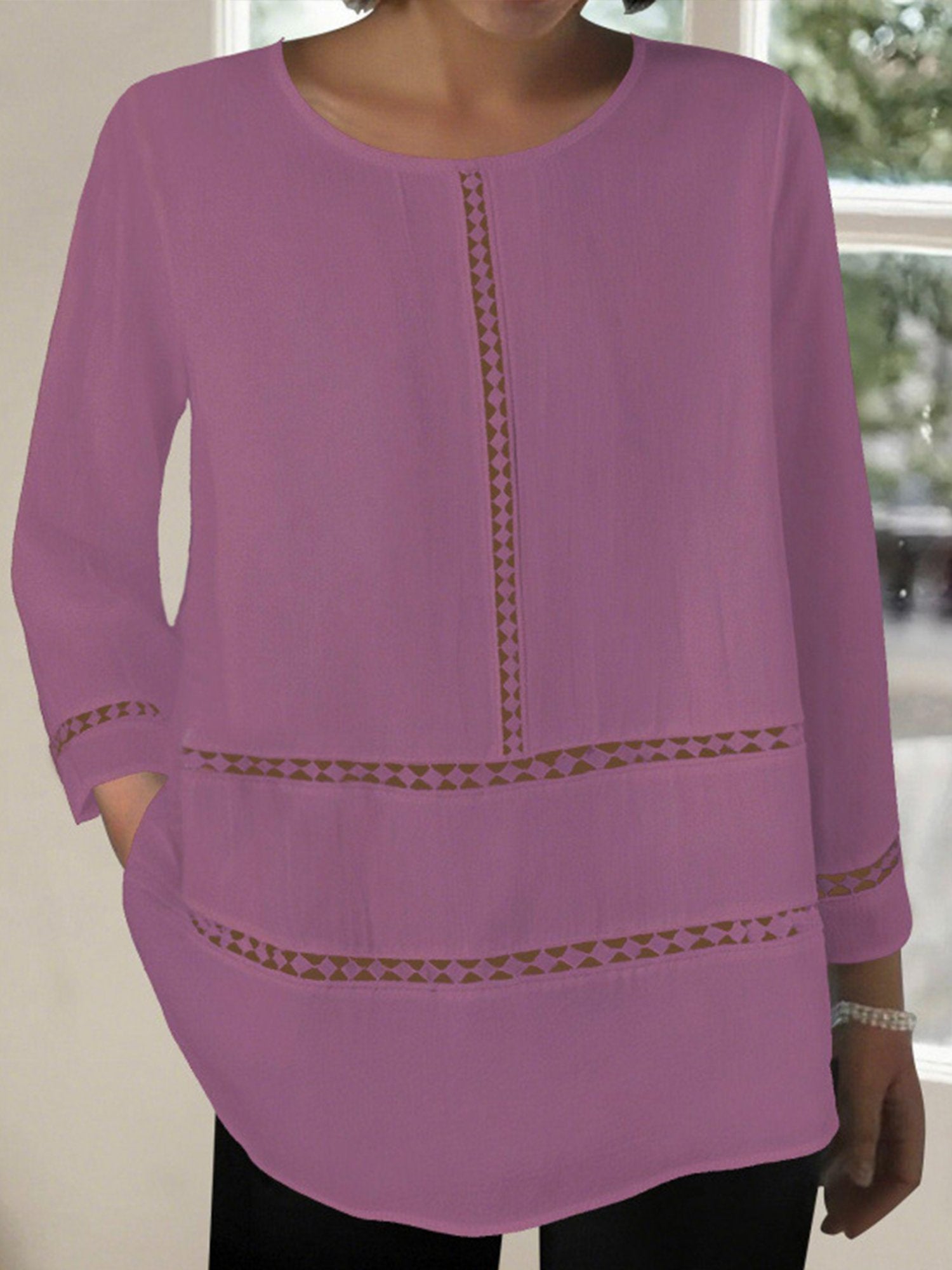 Casual Plain Lace Edge Crew Neck Blouse
