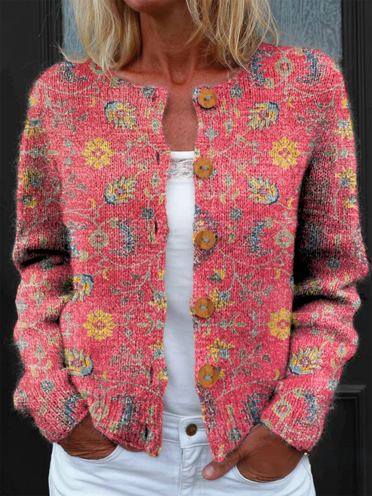 Vintage Floral Art Print Buttoned Cardigan Sweater