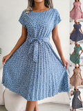 Women's Short Sleeve Summer Light Blue Floral Split Joint Crew Neck Daily Going Out Vintage Midi A-Line Pleated Dress