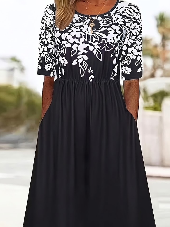 Women's Short Sleeve Summer Black Floral Printing Crew Neck Daily Going Out Casual Maxi H-Line Shift Dress Dress