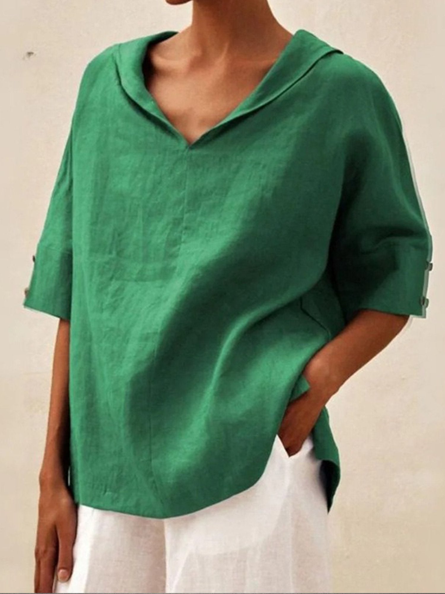 Casual Plain V Neck Short Sleeve Blouse