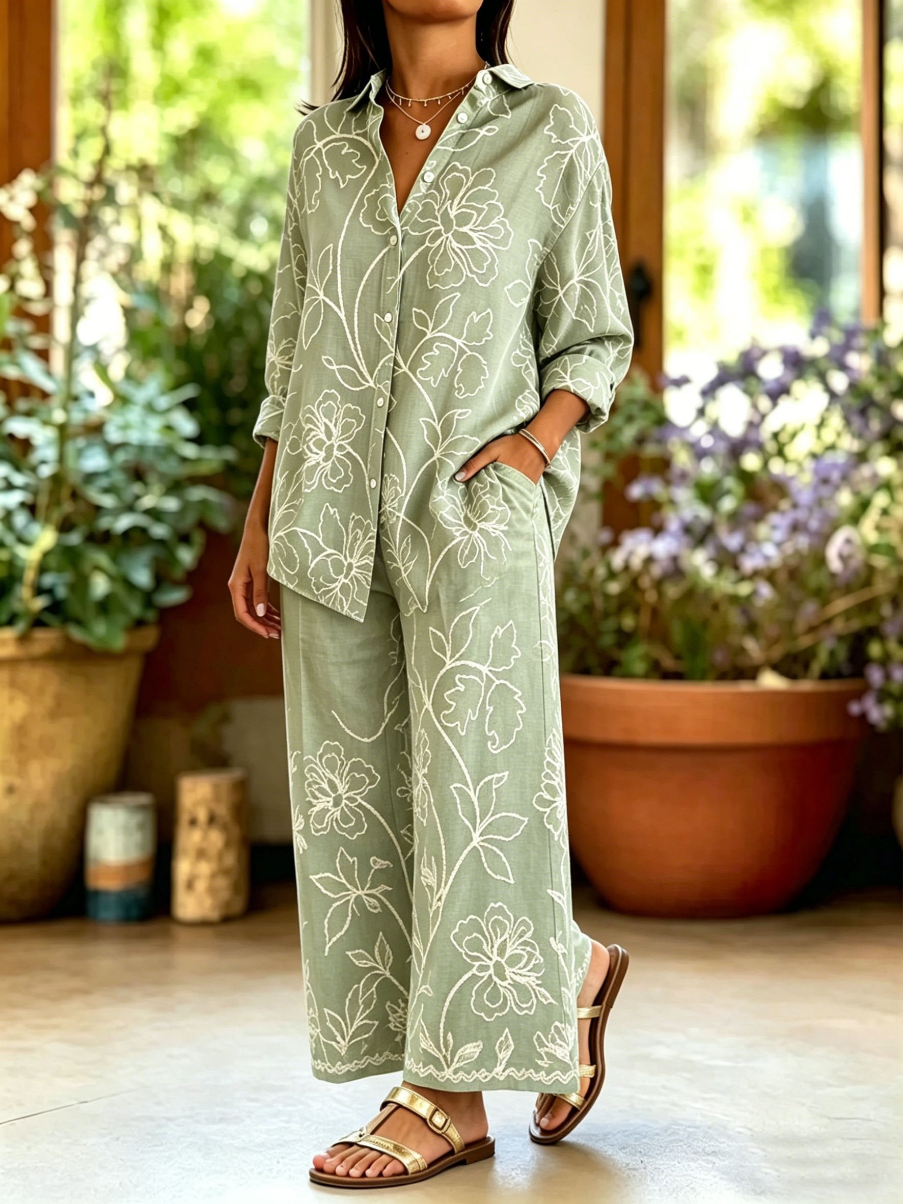 Vintage Botanical Print Shawl Collar Linen Blend Casual Shirt