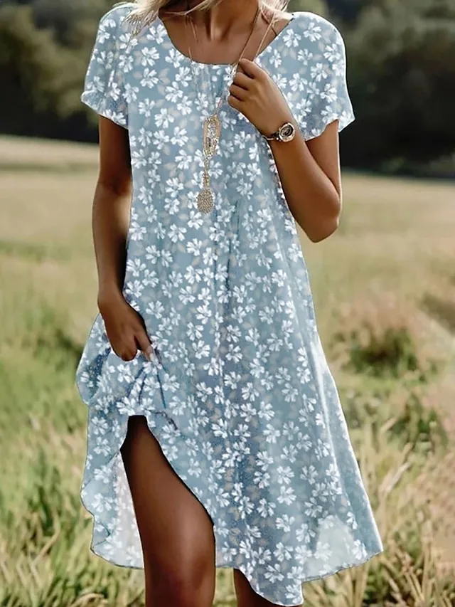 Short-Sleeve Crew-Neck Printed Dress