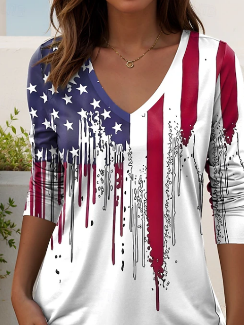 Women's Long Sleeve T-shirt Spring/Fall White America Flag Printing V Neck Holiday Going Out Casual Top