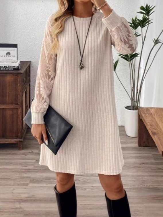 Women's Long Sleeve Spring/Fall Khaki Plain Split Joint Crew Neck Daily Going Out Vintage Midi A-Line Fit & Flare Dress Dress