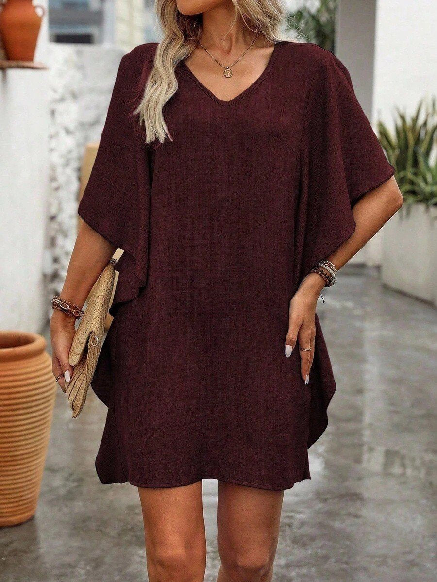 Women's Short Sleeve Summer Khaki Plain Split Joint V Neck Daily Going Out Vintage Mini A-Line Ruffle Skirt Dress