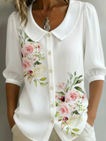 Women's Half Sleeve Shirt Summer White Floral Printing Shawl Collar Daily Going Out Casual Top