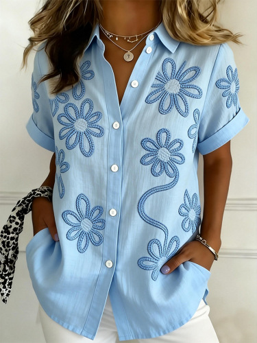 Casual Loose Shawl Collar Short Sleeve Striped Shirt