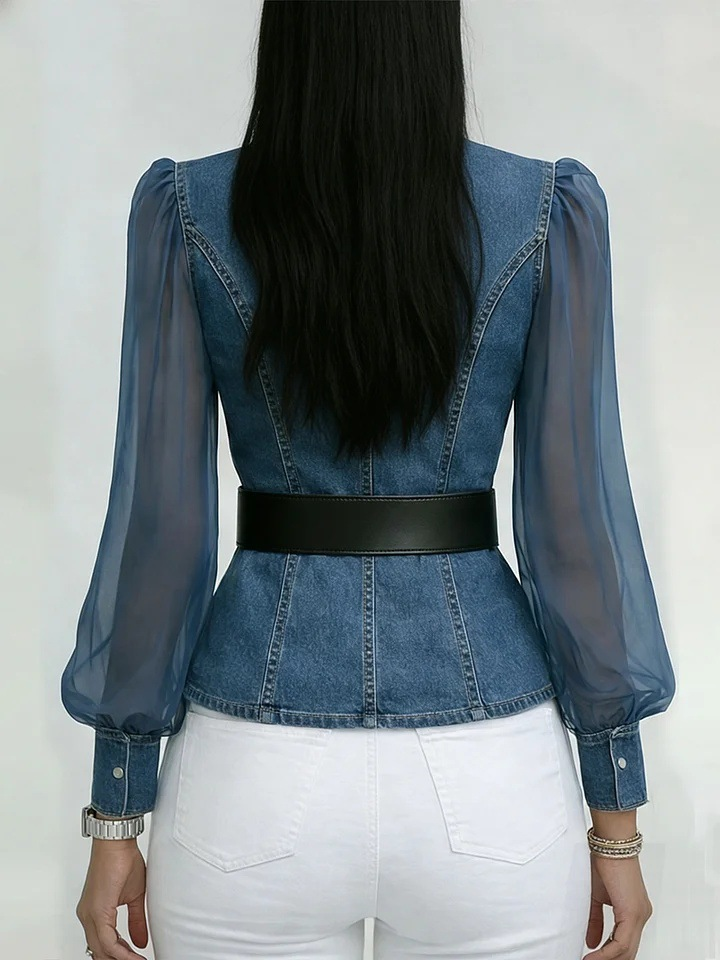 Women's Fashionably Elegant Slim-fitting Denim Look Jacket With Organza Sleeves Casual Blouse