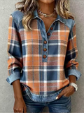 Plaid Color Block Denim Long Sleeve Shawl Collar Casual Loose Sweatshirt