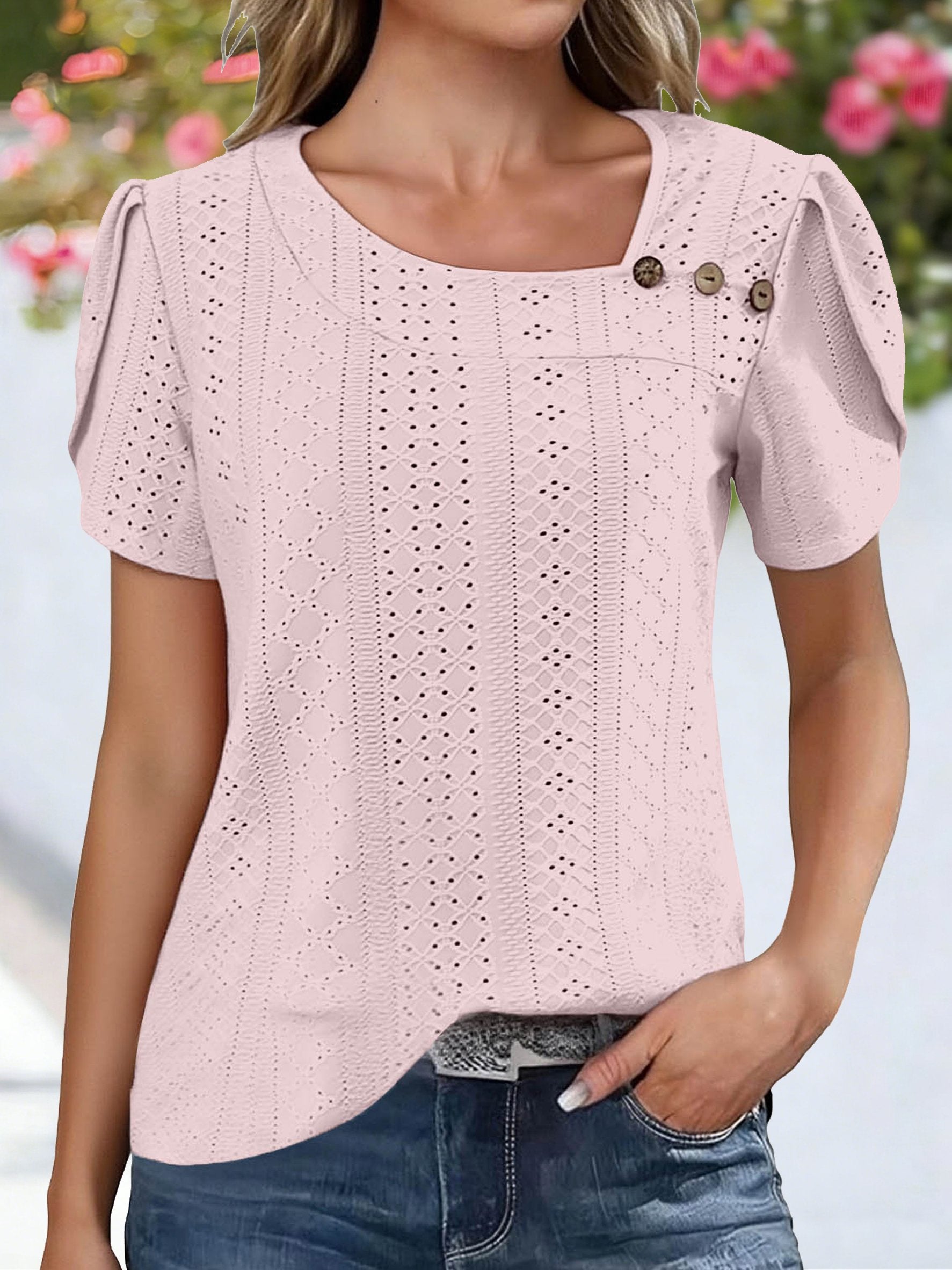 Asymmetrical Neck Button Short Sleeve Summer Going Out Casual T-Shirt