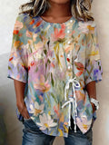 Linen Blend Crew Neck Loose Vintage Blouse