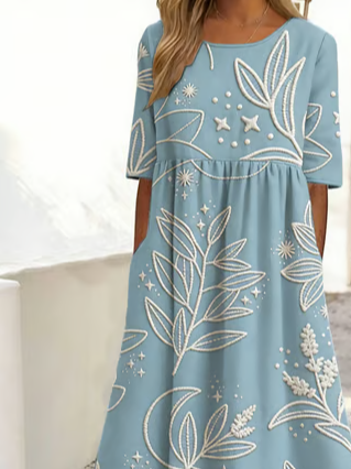 Crew Neck Floral Loose Casual Dress With No