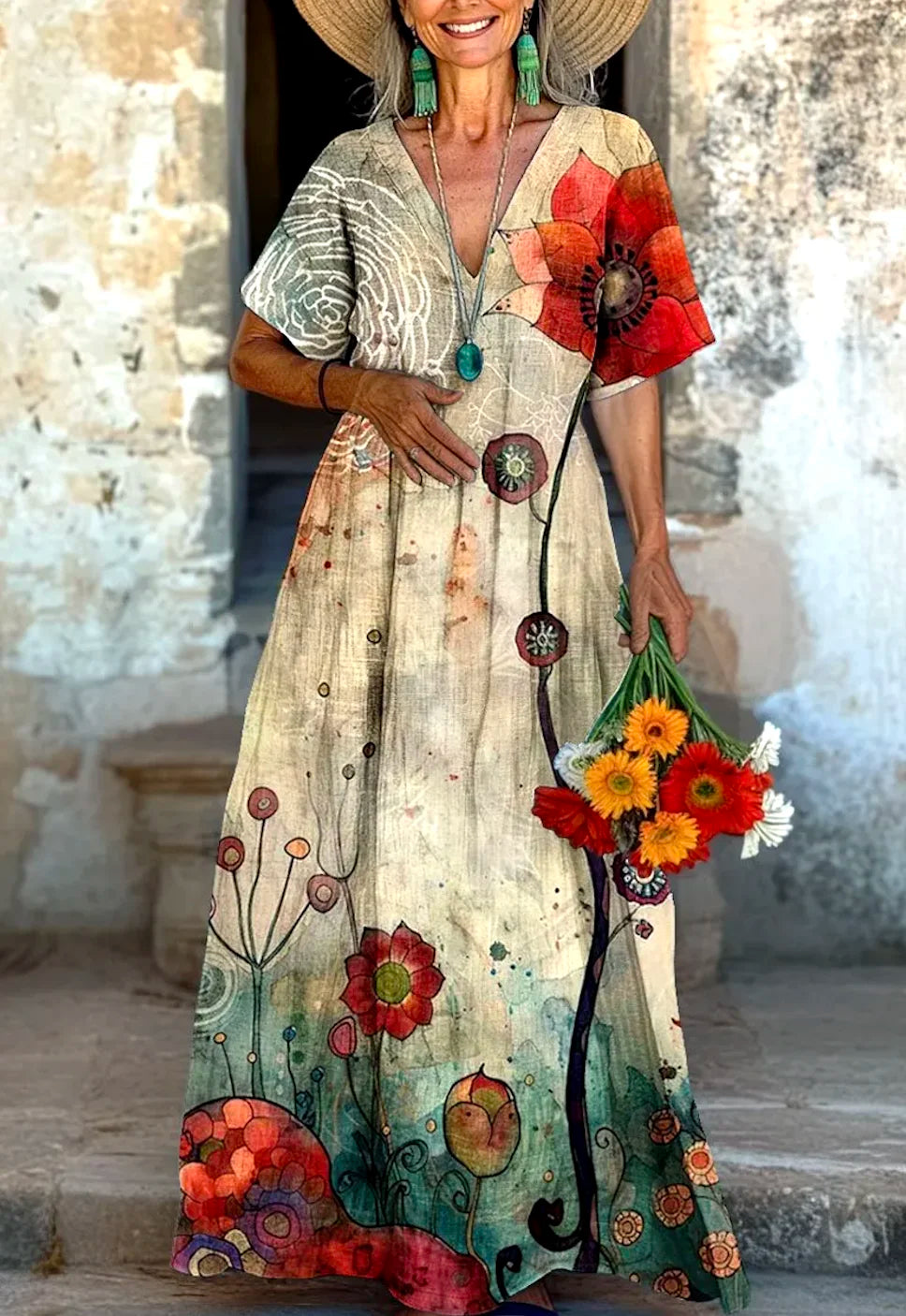 V Neck Casual Cotton Floral Dress With No Belt