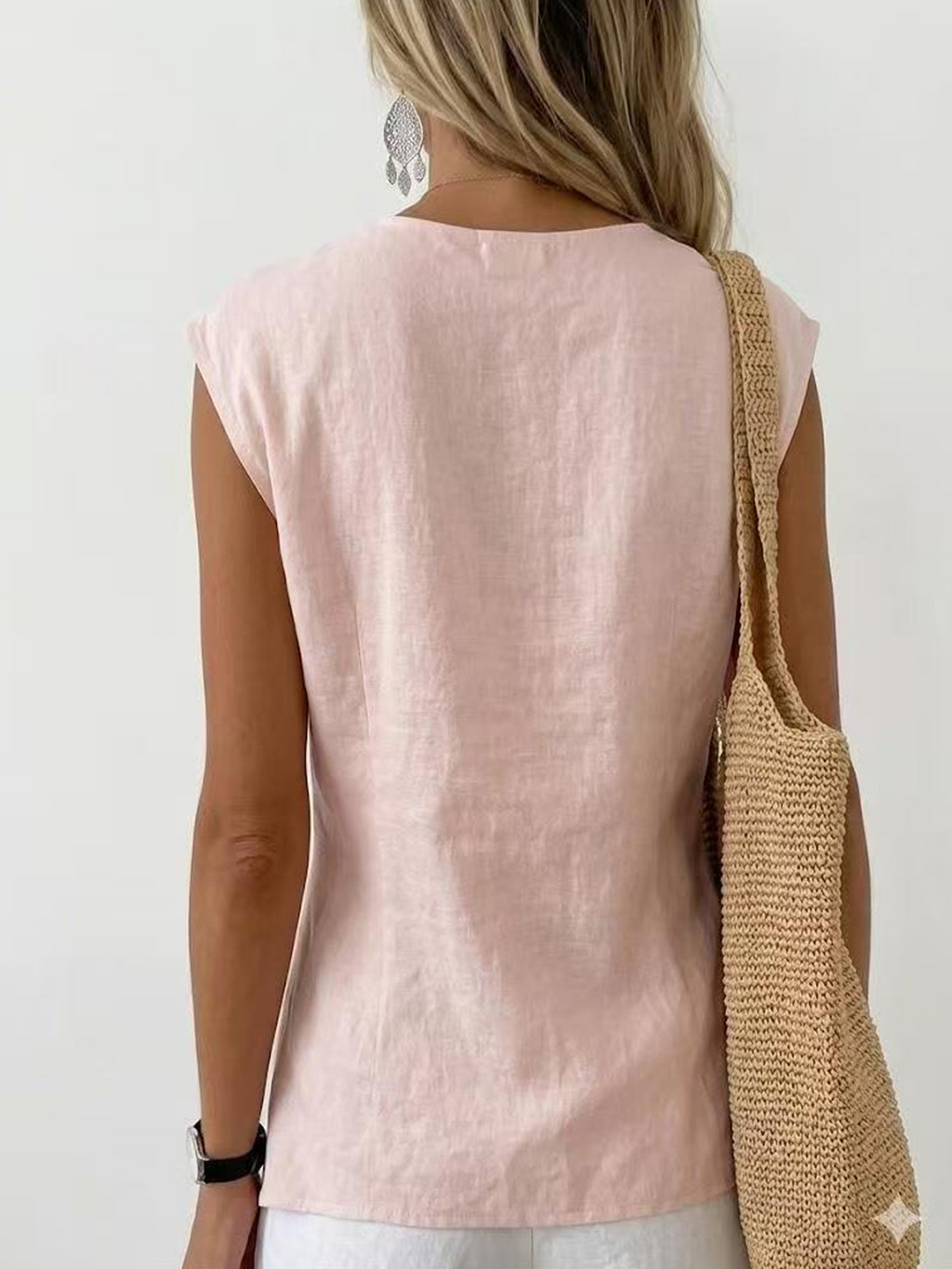 Cotton Blend Sleeveless V Neck Knot Detail Summer Daily Going Out Casual Plain Top