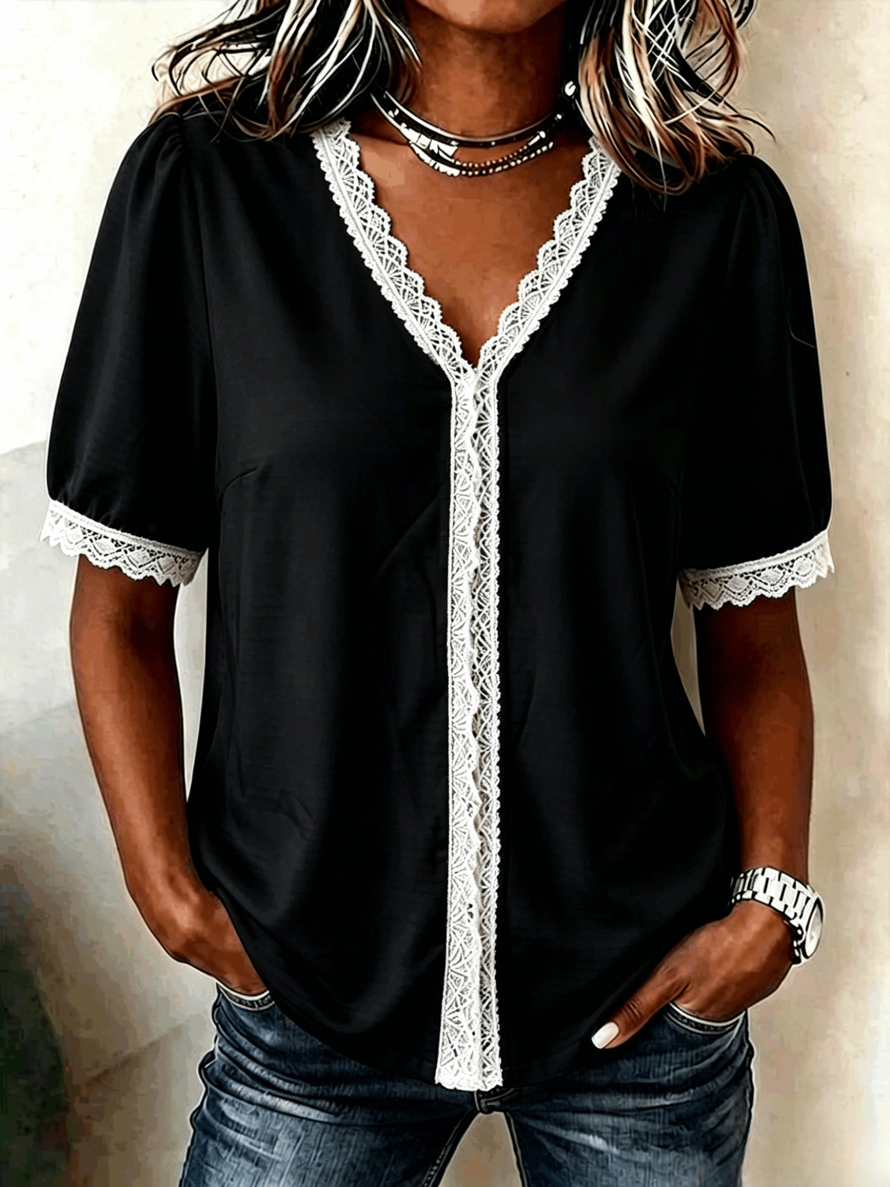 Plain Regular Fit V Neck Casual Blouse