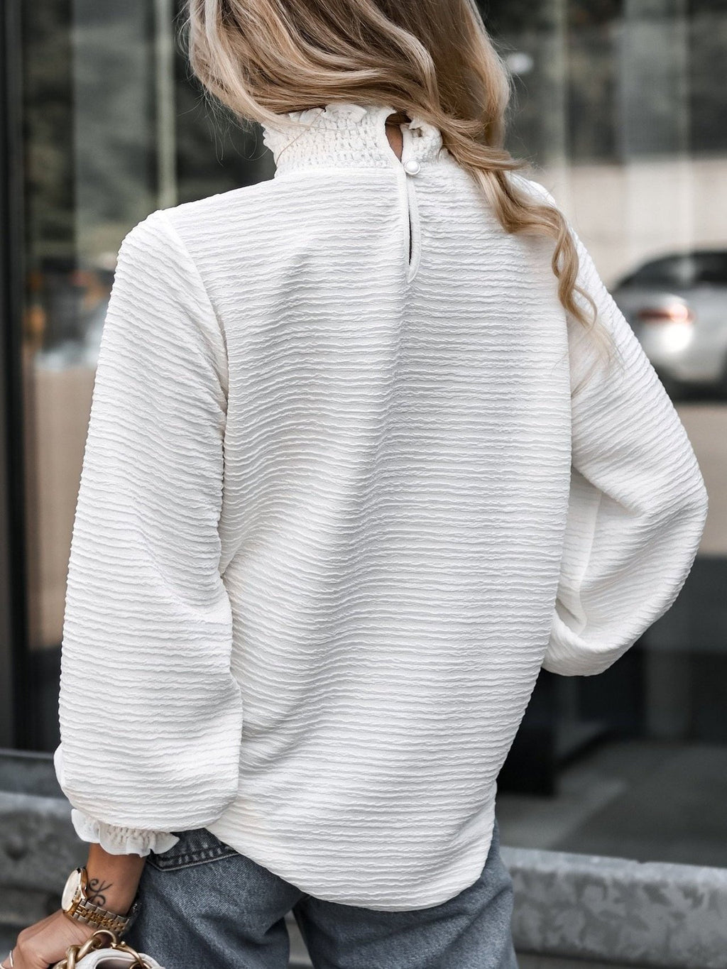 Women's Long Sleeve T-shirt Spring/Fall White Geometric Buckle Stand Collar Balloon Sleeve Daily Going Out Vintage Top