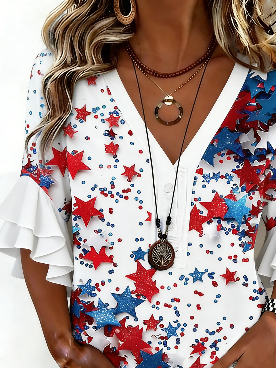 Women's V-Neck Multi-Layered Lace Design Shirt
