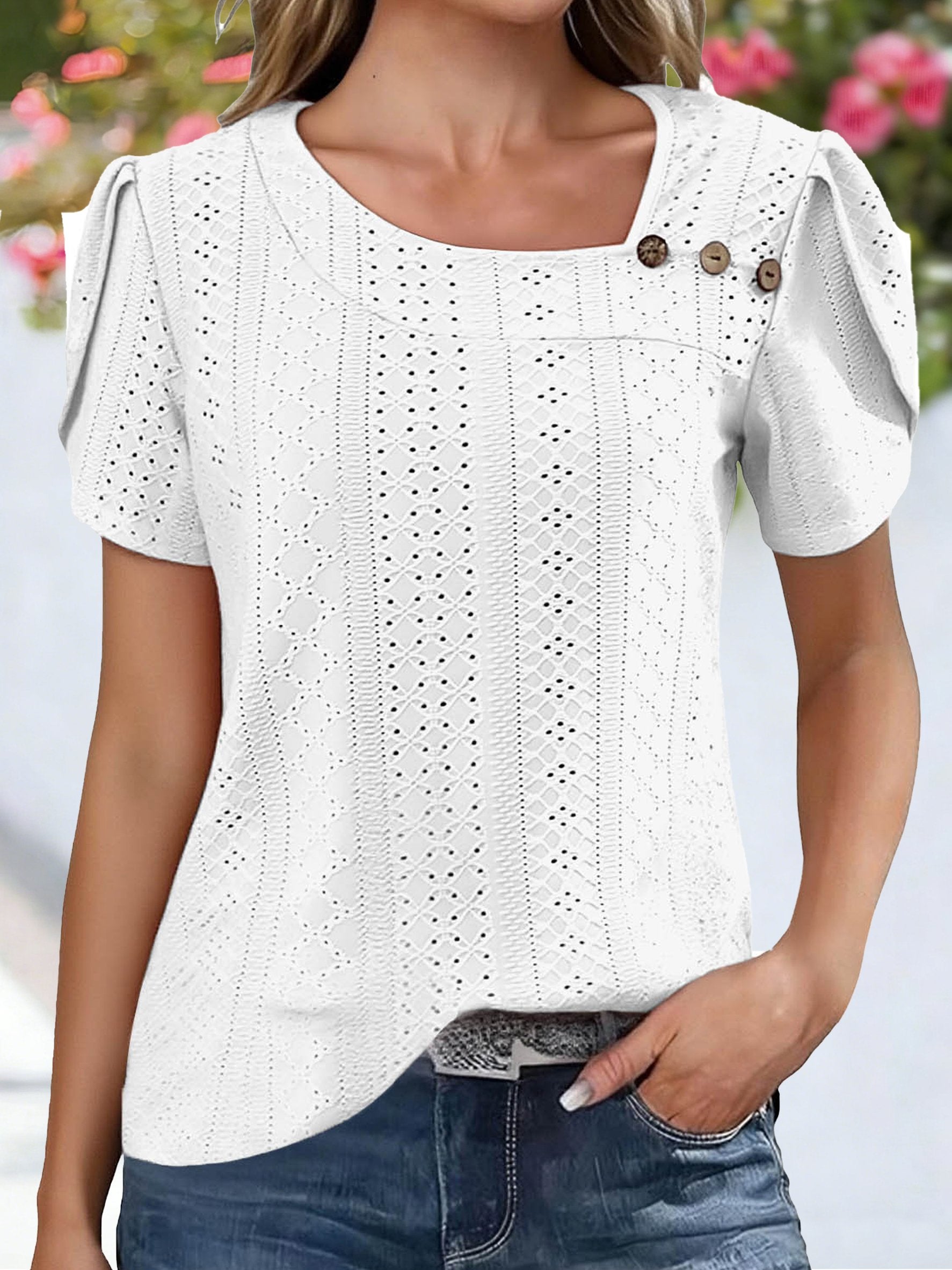Asymmetrical Neck Button Short Sleeve Summer Going Out Casual T-Shirt
