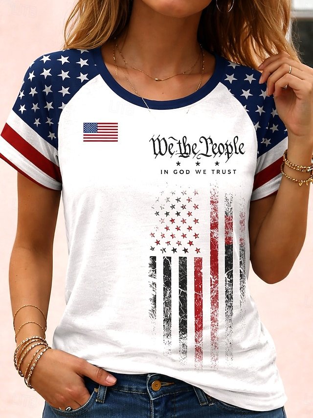 Women's 'We the people' American flag print short-sleeved T-shirt