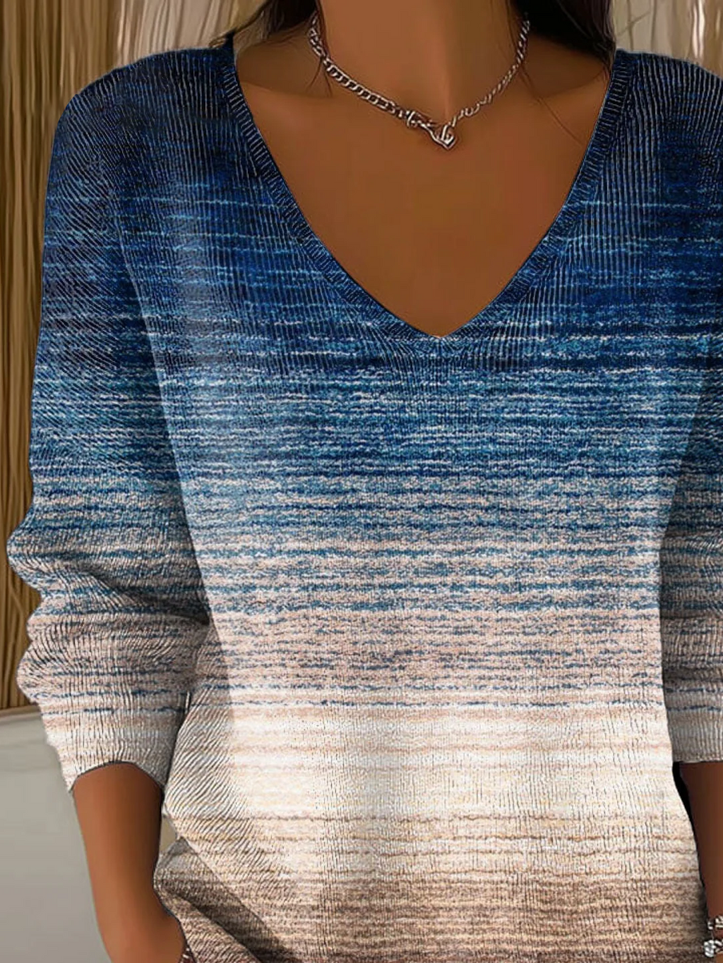 Women's Long Sleeve T-shirt Spring/Fall Blue Abstract Printing V Neck Daily Going Out Casual Top