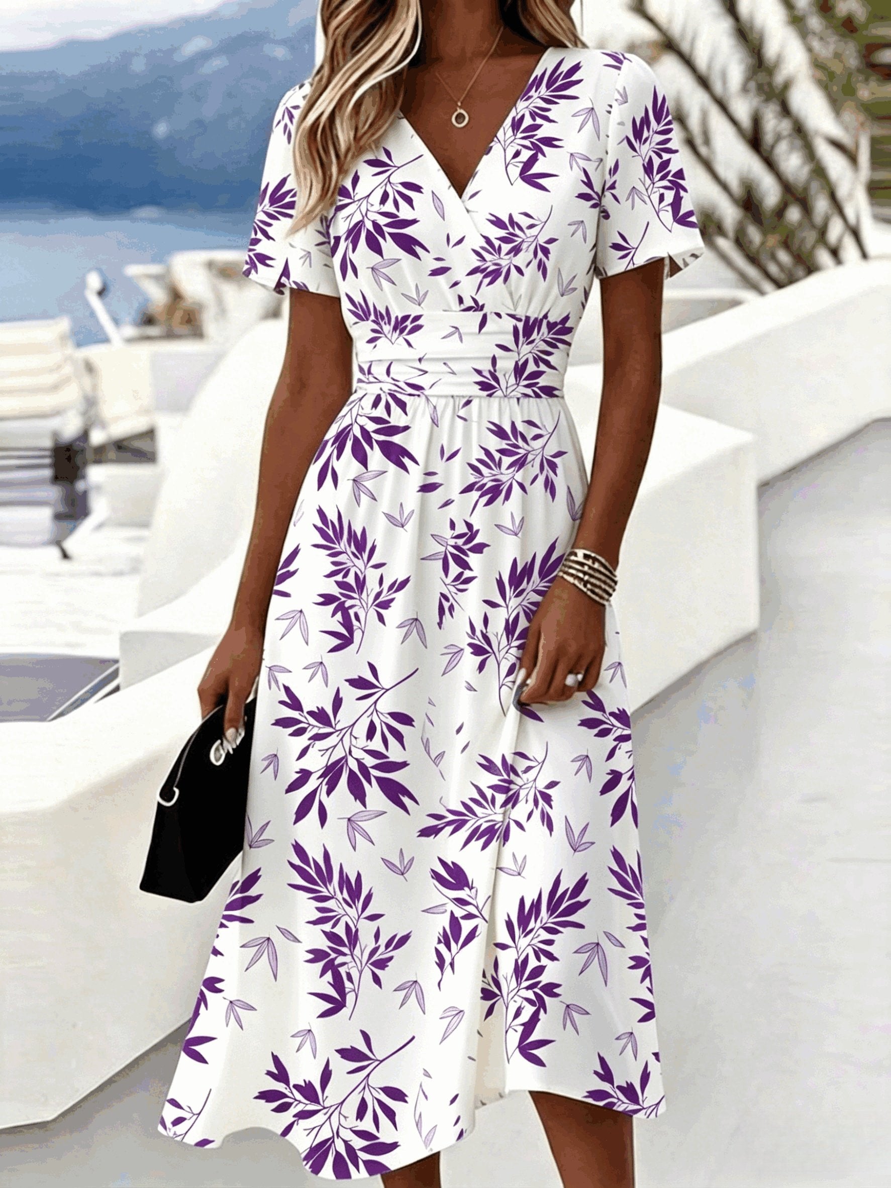 Leaf Print Wrap V Neck Midi Dress Short Sleeve High Waist A Line Flowy Casual Dress