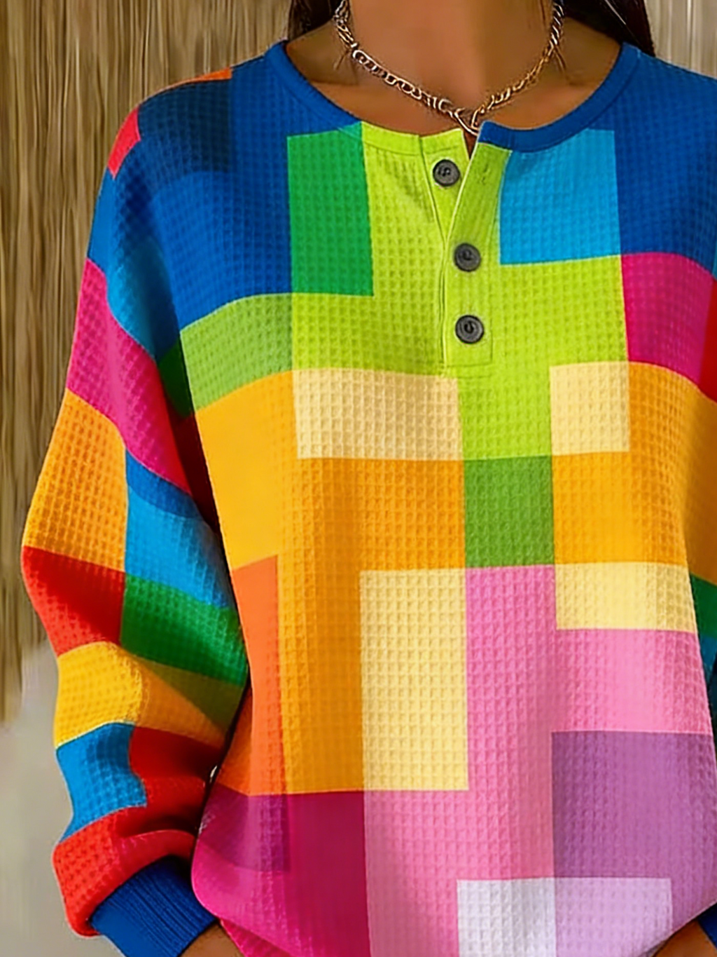 Women's Geometric Print Button-Up Casual Waffle Knit Sweatshirt