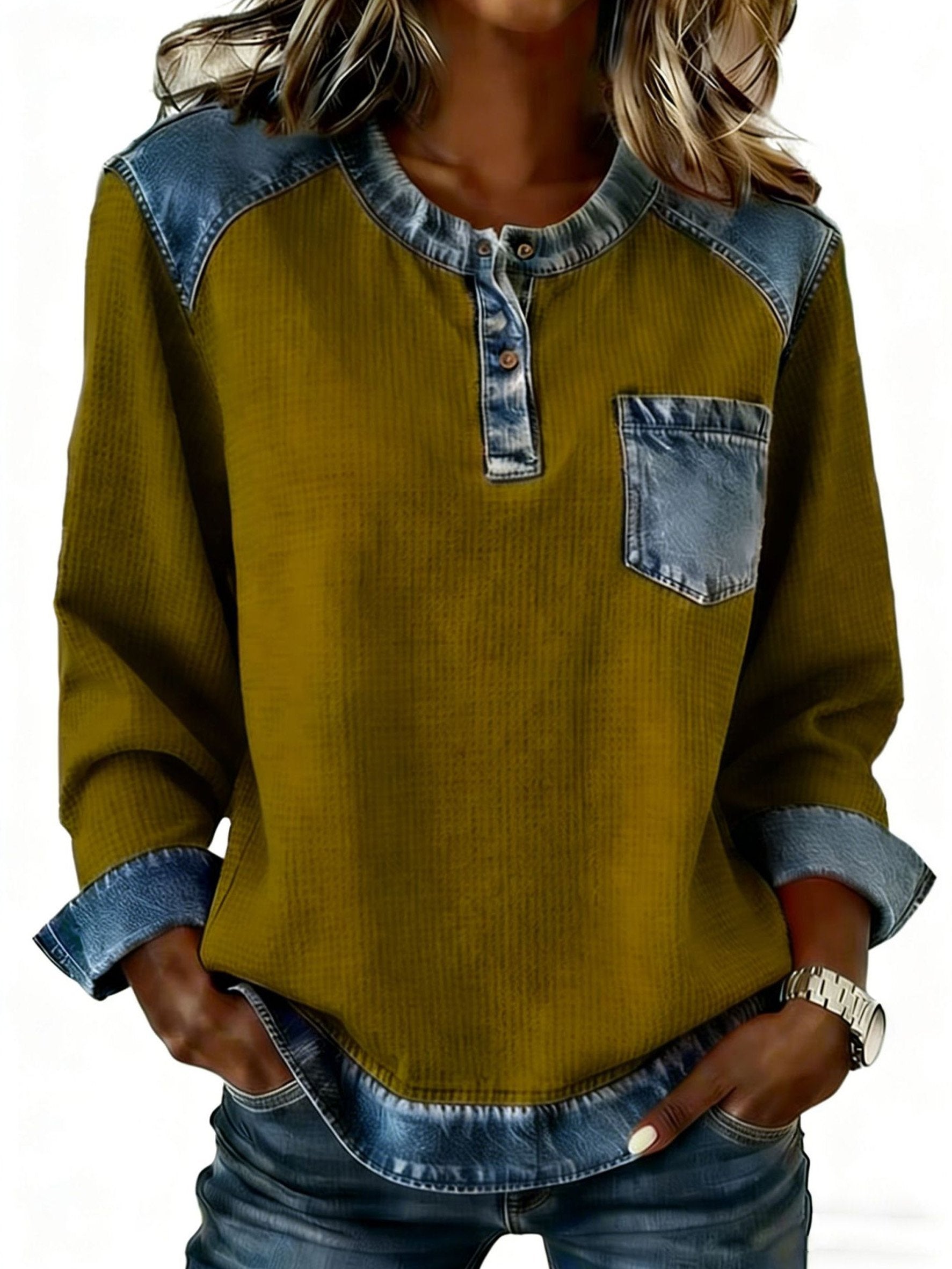 Denim Color Block Crew Neck Half Placket Long Sleeve Patch Pocket Casual Blouse