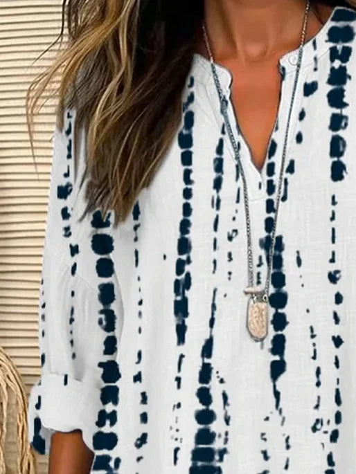Women's Spring and Summer Striped Printed Casual Long Sleeve V-Neck Shirt