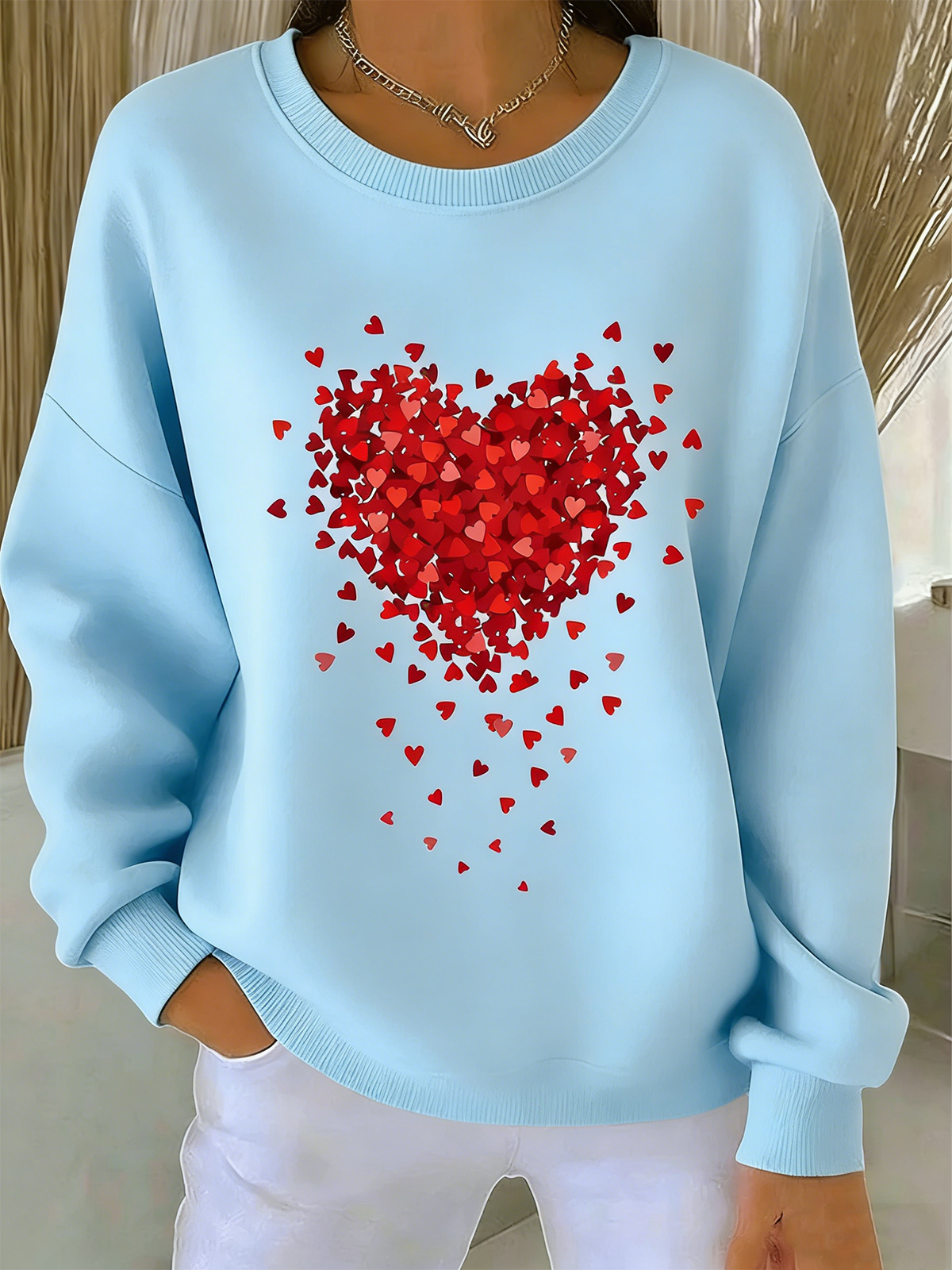 Valentine's Day Crew Neck Simple Cotton-Blend Sweatshirt