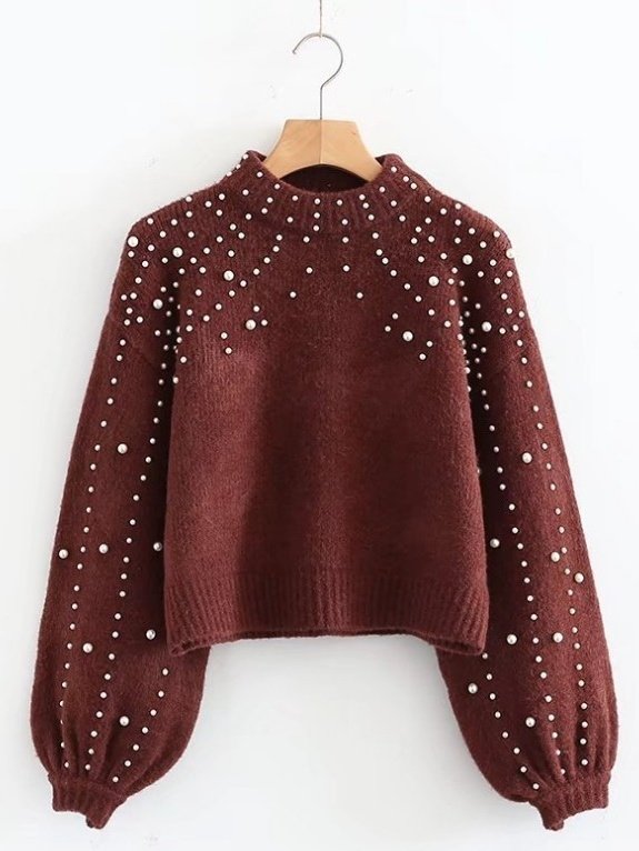 Girly Balloon Sleeve Plain Mock Neck Cotton-Blend Sweater
