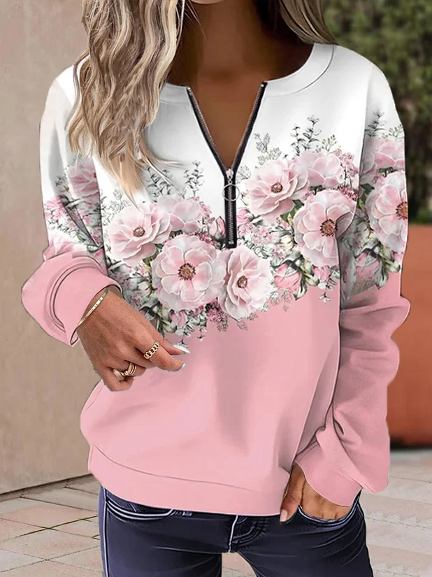 Women's Floral Print Casual Long Sleeve Zipper Sweatshirt