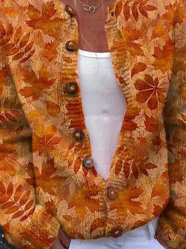 Women Casual Spring/Fall Maple leaf Polyester Buttoned Daily Loose Regular Cardigan