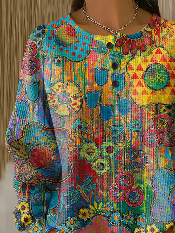 Women's Flowers Print Button-Up Casual Waffle Knit Sweatshirt