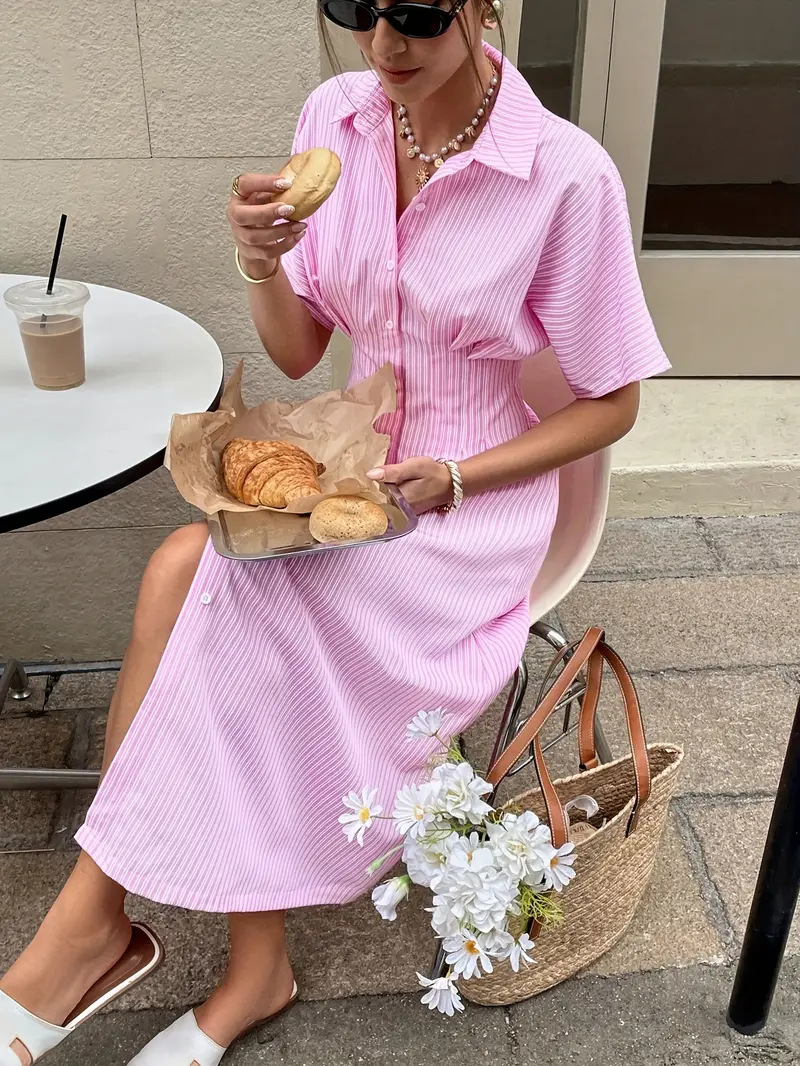 Blue Striped Slim Waist Short Sleeve Round Neck Short Dress