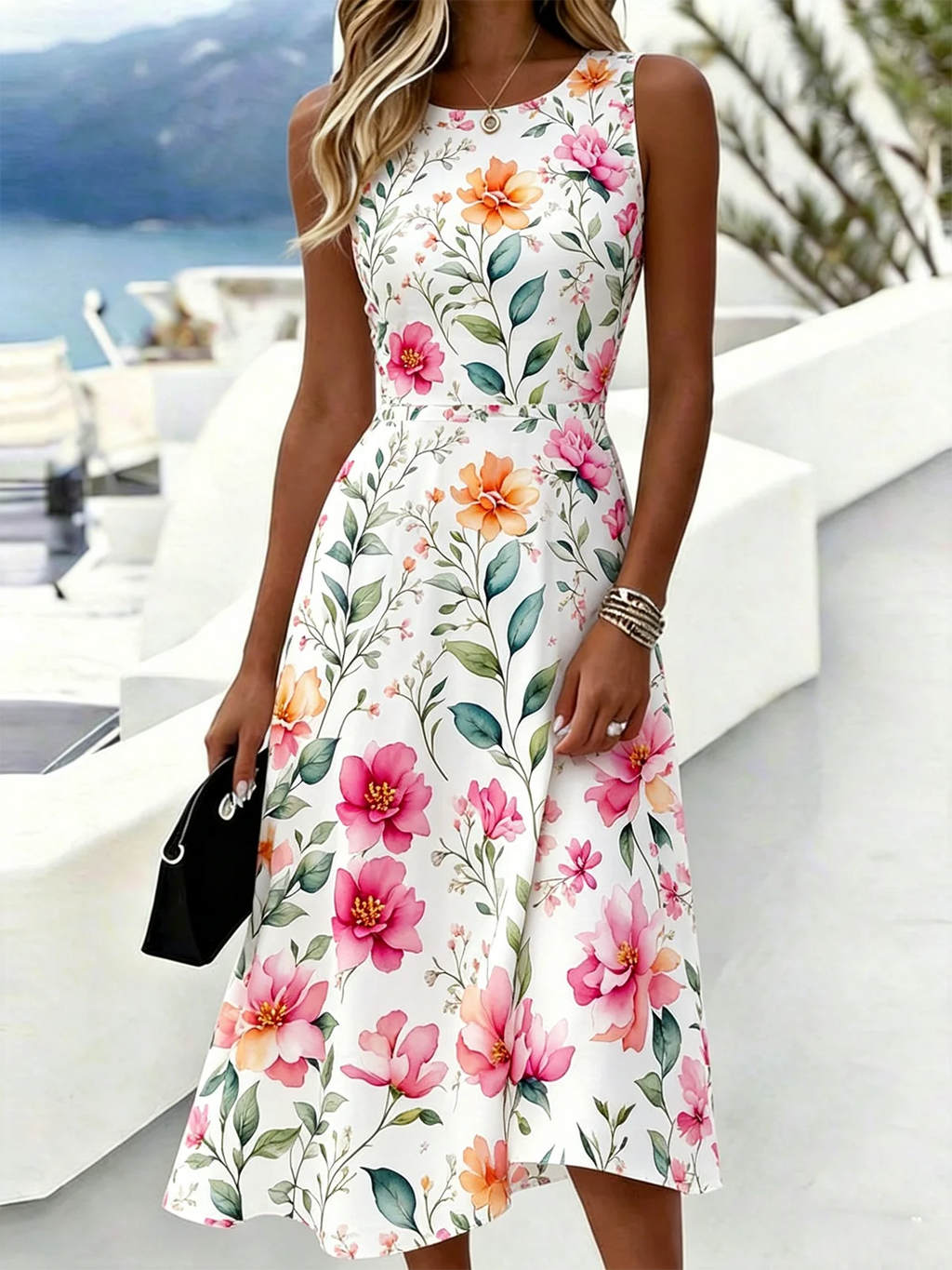 Floral Crew Neck Vacation Regular Fit Dress With No
