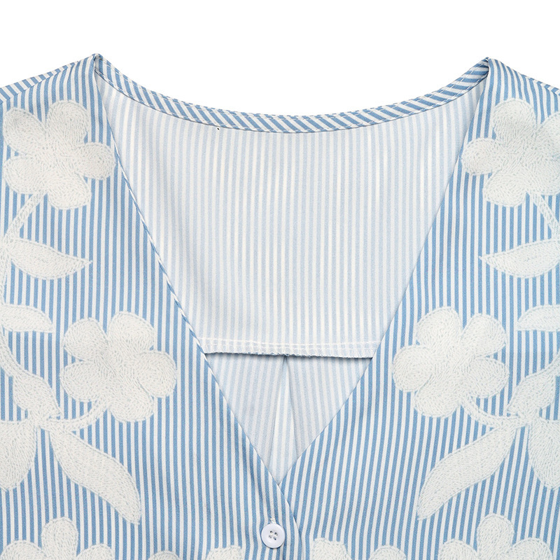 Striped Floral Printed V Neck Short Sleeve Button Daily Going Out Casual Blouse