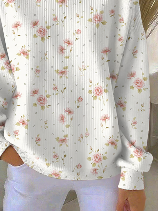 Casual Pink Rose Floral Pattern Ribbed Knit Pullover Sweatshirt