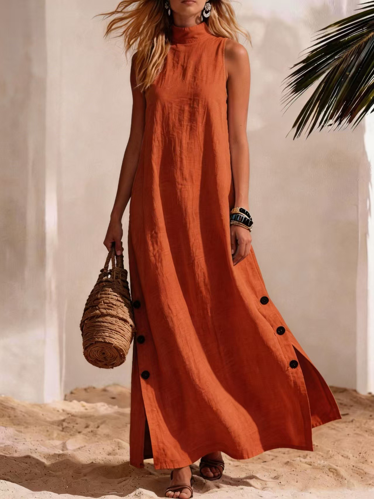 Casual Color Block Buttoned Mock Neck Maxi Dress