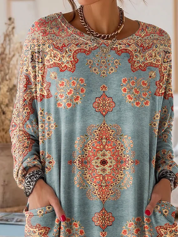 Women's Long Sleeve T-shirt Spring/Fall Blue Floral Printing Crew Neck Daily Going Out Vintage Top
