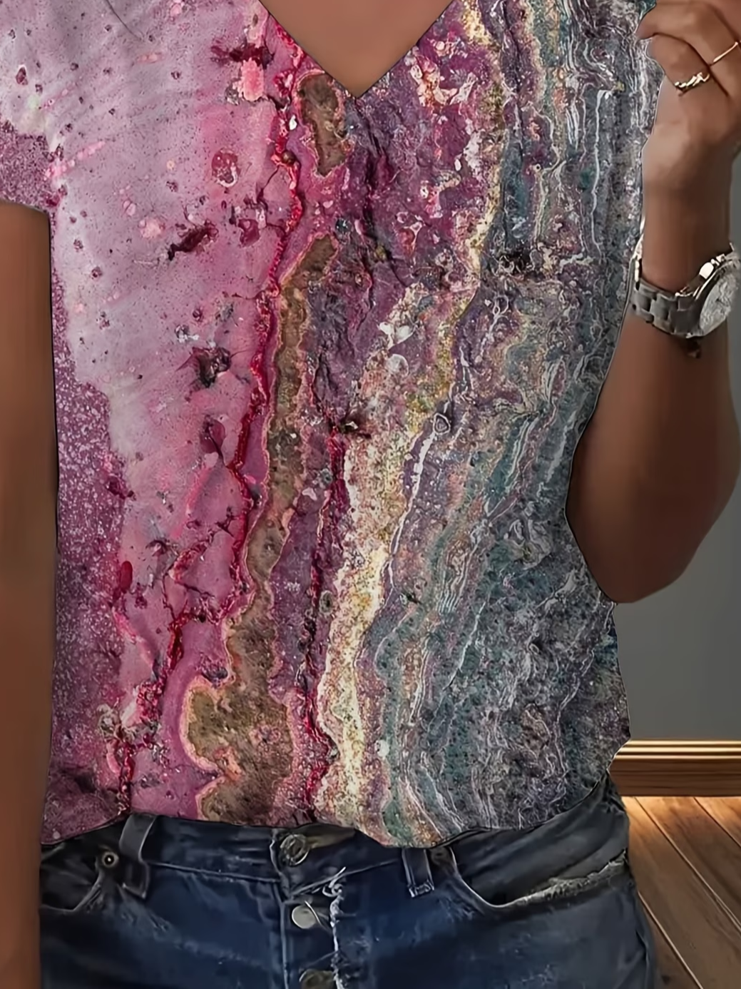 Women's Short Sleeve T-shirt Summer Purple Abstract Printing V Neck Holiday Going Out Vintage Top