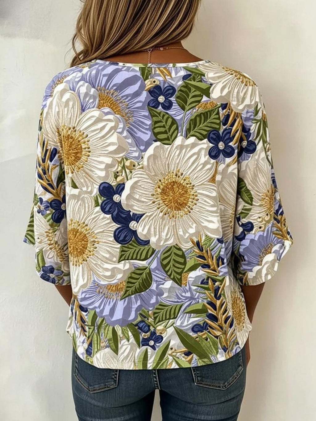 Vintage Crew Neck Cotton And Linen Floral Blouse