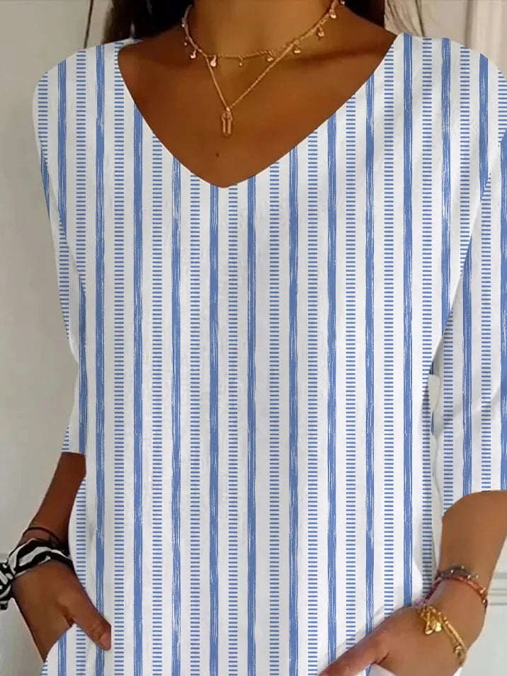 Women's Three Quarter Sleeve T-shirt Spring/Fall Blue Striped Printing V Neck Daily Going Out Casual Top