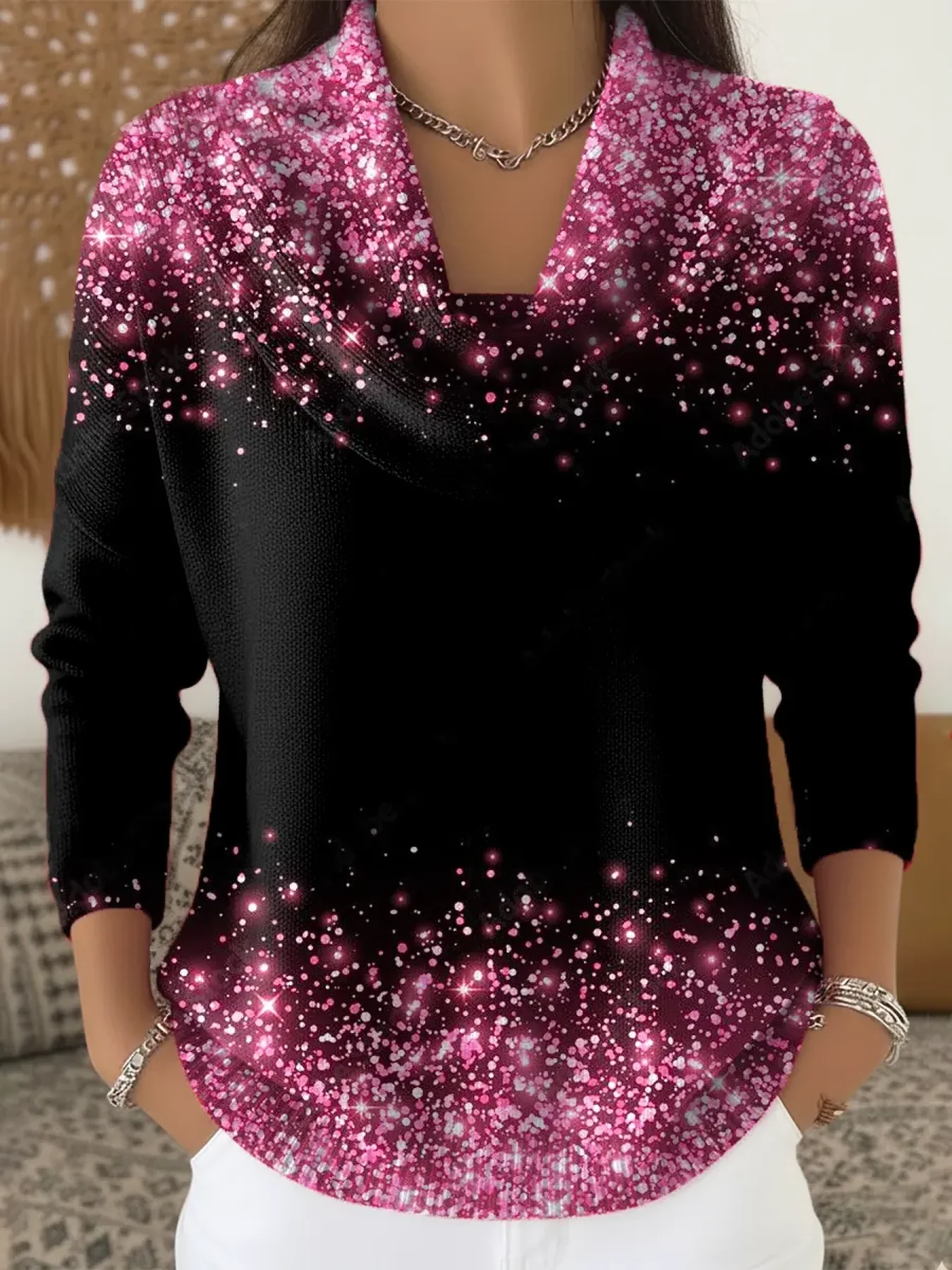 Cowl Neck Casual Regular Fit Abstract Sweater
