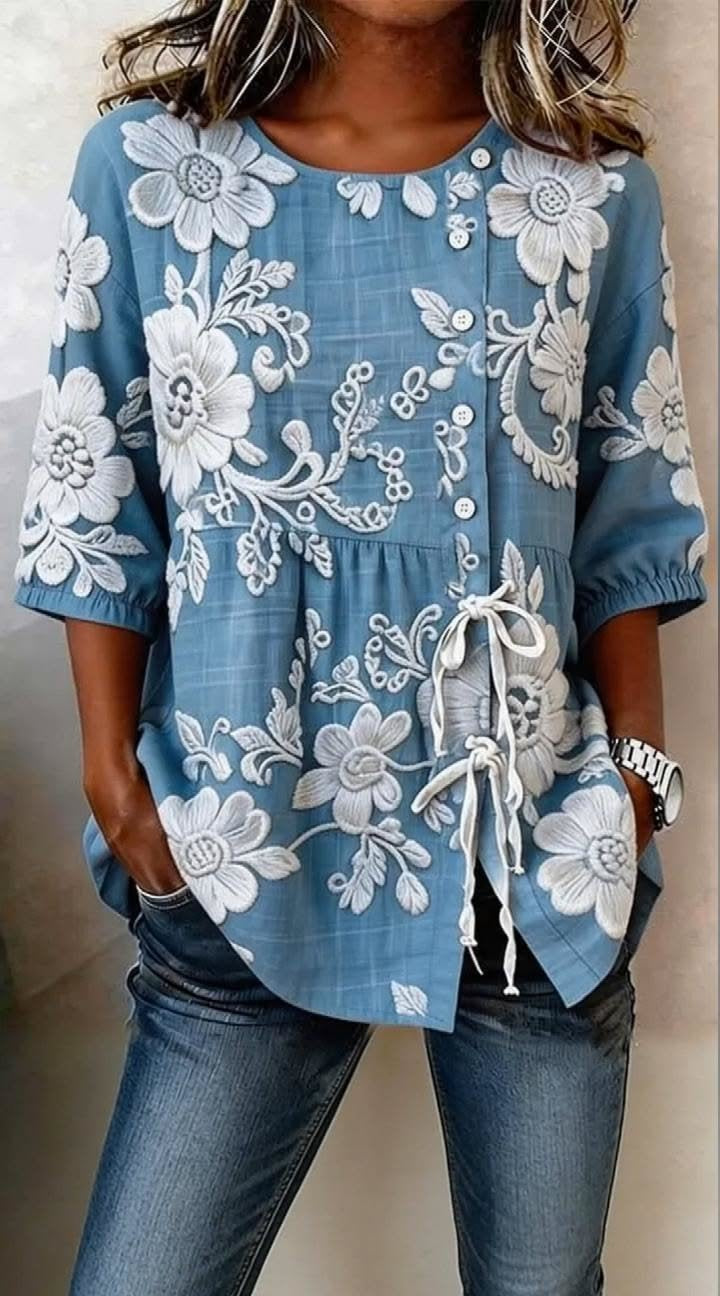 Elegant Crew Neck Linen Blend Blouse