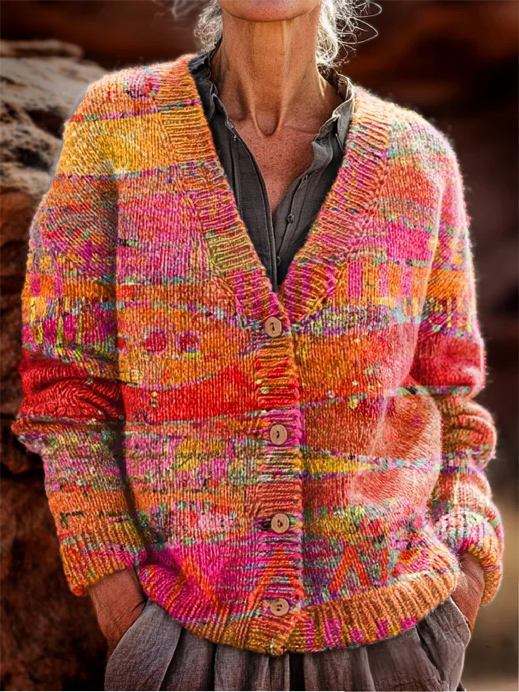 Women's Retro Geometric Pattern V-Neck Cardigan Casual Comfort Regular Sweater Jacket