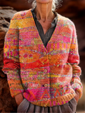 Women's Retro Geometric Pattern V-Neck Cardigan Casual Comfort Regular Sweater Jacket