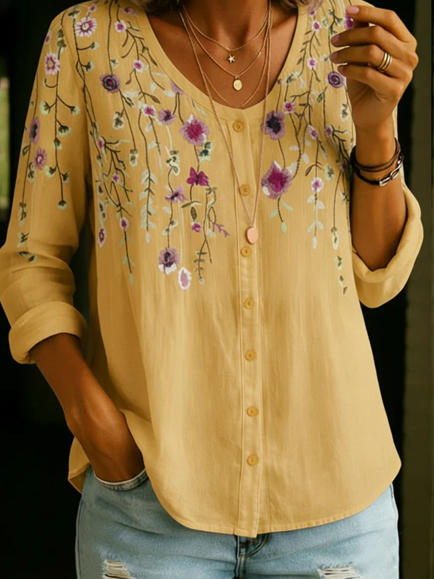 Women’s 3D Floral Print Button-Up Long Sleeve blouse